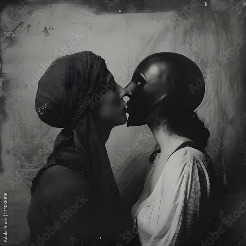 Black and white portrait of two beautiful women kissing each other.