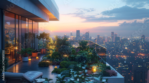 A sleek urban penthouse with a rooftop garden  emphasizing the modern design and capturing the city lights shimmering in the evening atmosphere.