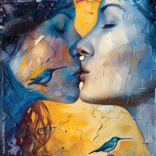 Beautiful young couple kissing on abstract background. Oil painting style. (ID: 740810152)