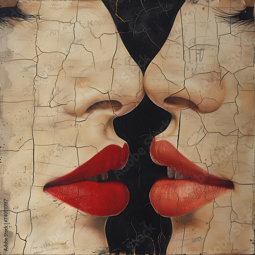Close-up portrait of two female lips on cracked grunge background. (ID: 740810187)