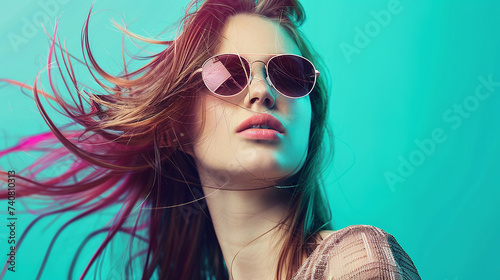 Retrato de uma mulher elegante em ação com óculos de sol