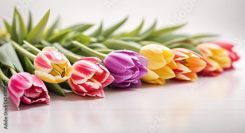 Various colorful tulip flower in a neat row on a white background
