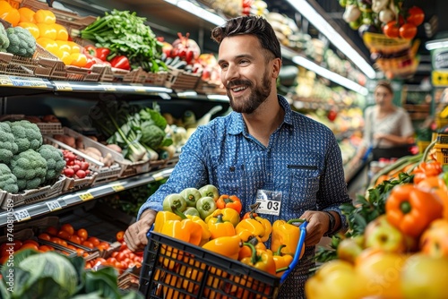 A local greengrocer stands proudly, selling an abundance of fresh, whole, and natural foods from his basket at the bustling marketplace, offering a vibrant display of vegan and vegetarian superfoods 