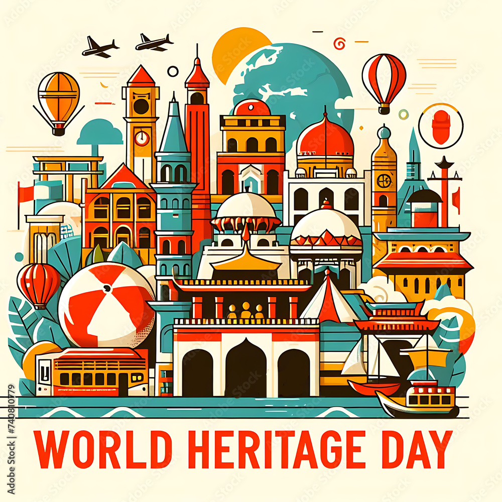 World Heritage Day Illustration of Square Background Suitable for Social Media, Greeting Card, Generative AI