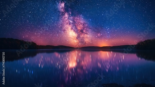 Bright Milky Way over the lake at night, Amazing view to the Milky Way