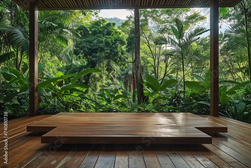 A serene wooden podium blends seamlessly into the vibrant backdrop of a tropical forest © Sara_P