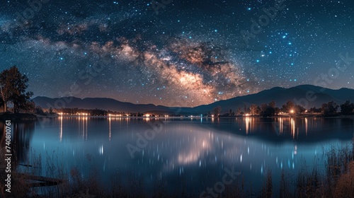 Bright Milky Way over the lake at night  Amazing view to the Milky Way