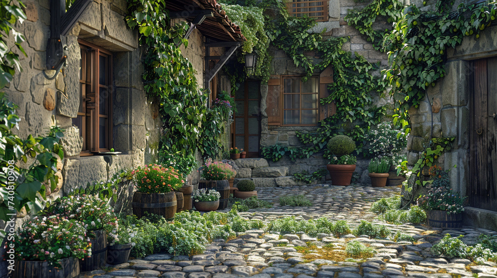 A small village cottage with a stone facade, capturing the details of the ivy climbing the walls and the charm of the cobblestone street.