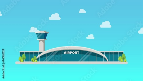 Airplane is flying from airport building motion. 4k video animated