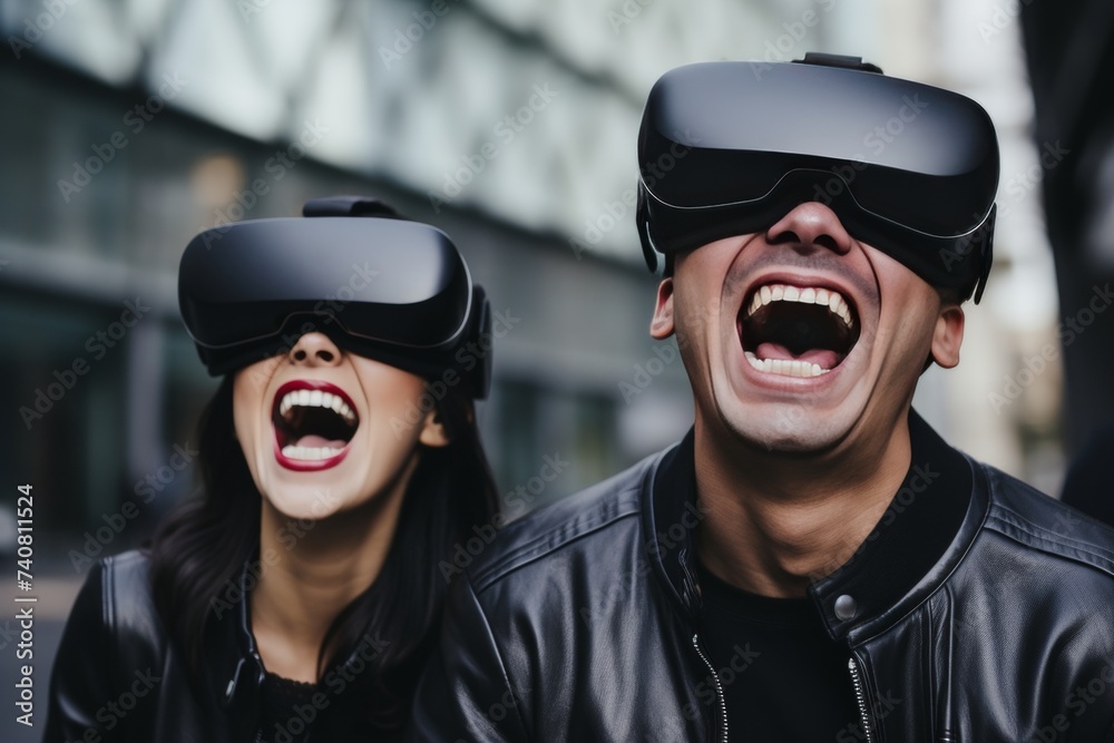 Excited couple laughing with vr glasses on vibrant city street, enjoying virtual reality experience Excited couple laughing with vr glasses on vibrant city street, enjoying virtual reality experience