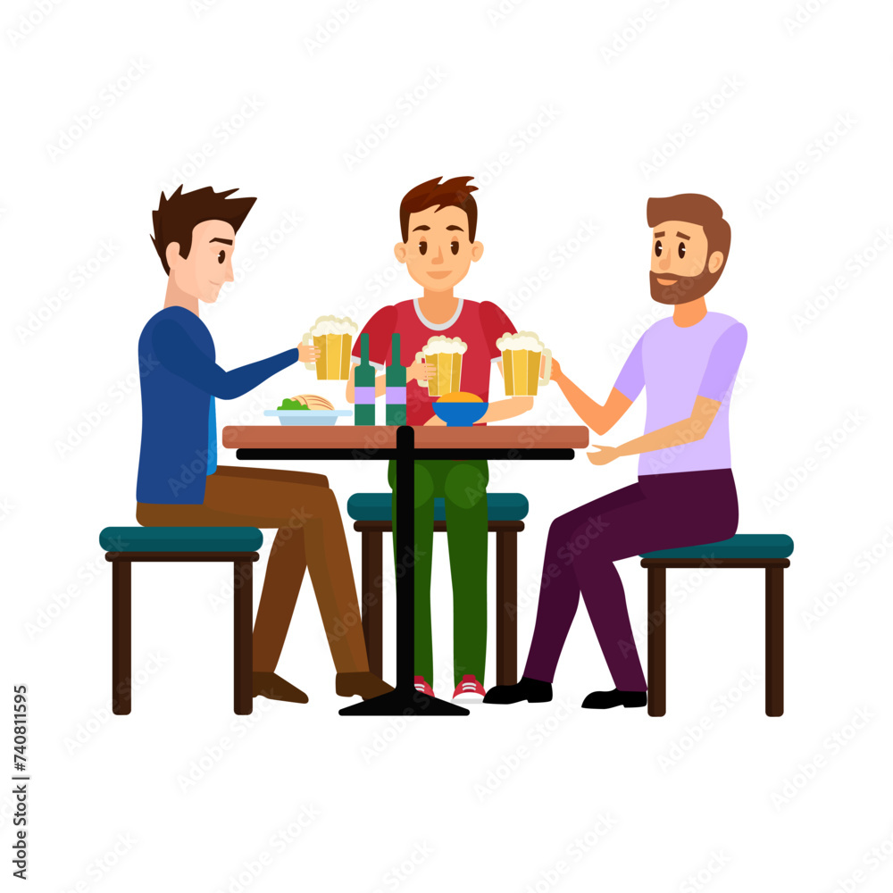 Men sitting at pub table, happy male friends drinking beer from mugs vector illustration