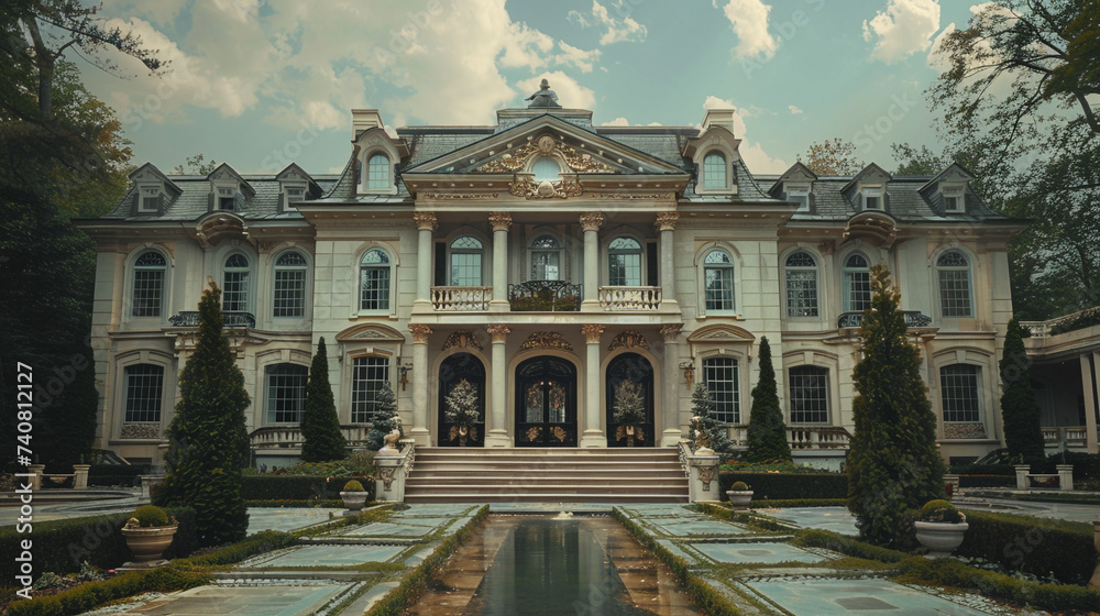 A suburban mansion with ornate detailing and a grand entrance, capturing the opulence and architectural elegance against a backdrop of manicured gardens.