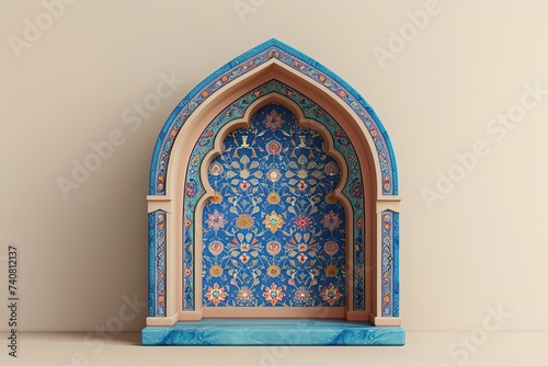blue and coral islamic prayer niche isolated on beige background