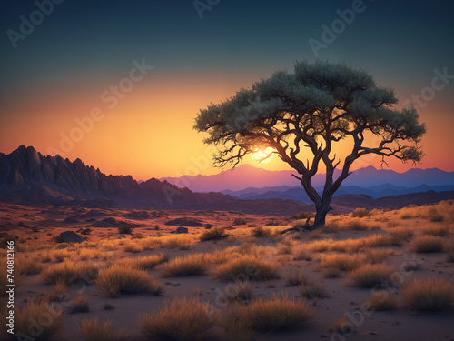 A lone tree in the middle of the desert during sunset, surrounded by nature's scenery and majestic mountains © Aleksei Solovev