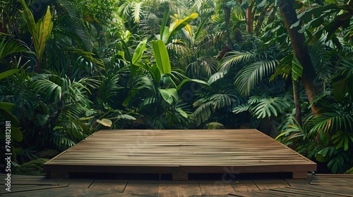 A wooden podium set against the dense green canvas of a tropical forest evoking tranquility