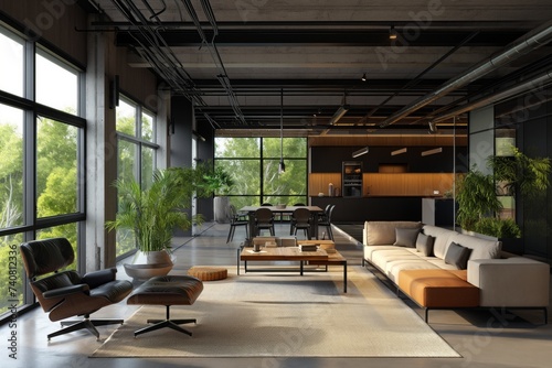 Open office straight industrial with black windows and modern furniture © Olesia