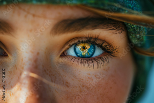 Fototapeta Naklejka Na Ścianę i Meble -  Beautiful woman's face with planet Earth in her eyes.
