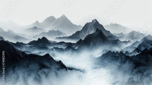 A beautiful, stunning abstract monochrome mountain landscape with a decorative artistic black and white style © Zie