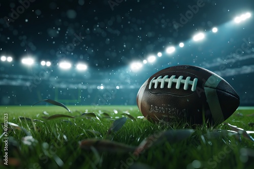 Football on grass with Football Stadium Background