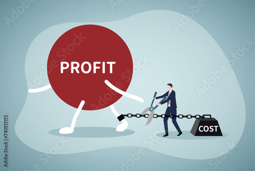 Cost reduction, cut expense to increase profit, improve business profitability by reduce spending, decrease investment fees, businessman using scissors to cut heavy cost burden and let profit run.