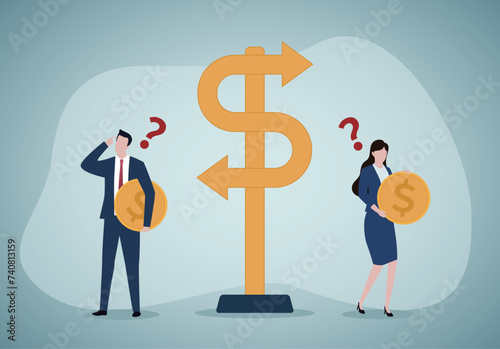 Investment choice or option to make profit, buy or rent, pay off debt or invest, select best earning asset, confused businessman and woman investor hold money coin choose dollar direction signs.