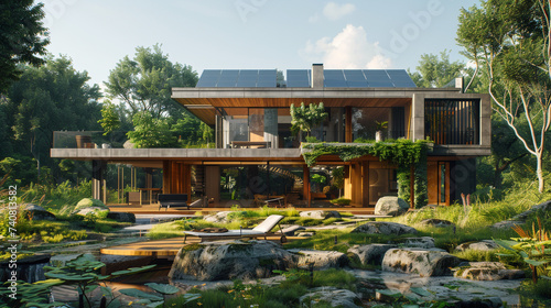 A sustainable eco-home with solar panels, emphasizing the technological features and modern design against a backdrop of clear skies and green surroundings.