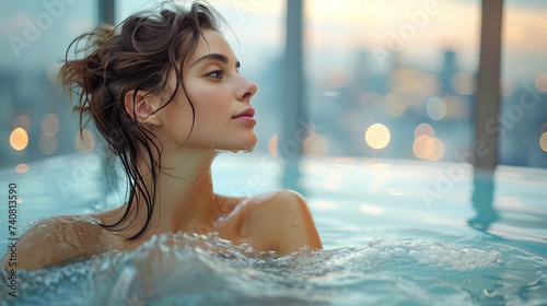 Stylish young woman enjoys the tranquility of a modern indoor pool  city lights beyond  serene elegance .