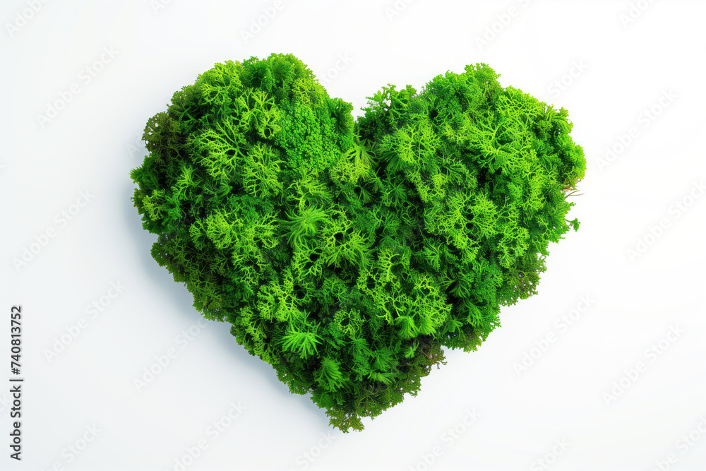 Fototapeta premium A heart shaped moss patch on a white background. Created with Generative AI technology.