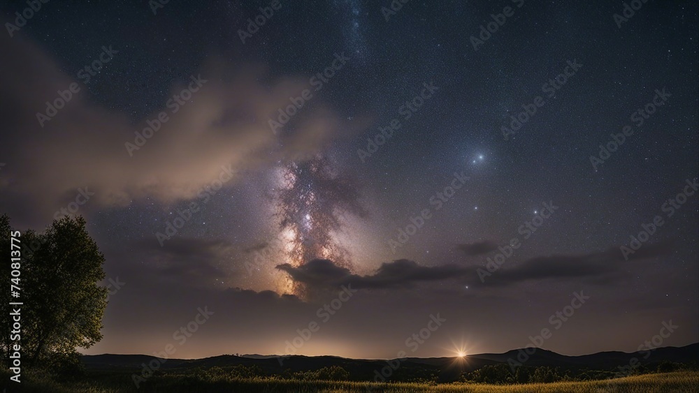 time lapse clouds  milky way over a field 