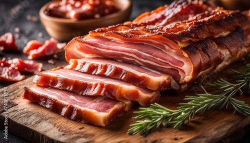 Delicious artisanal whole smoked slab bacon on a cutting block.
 photo