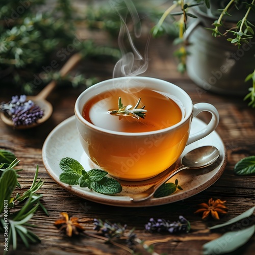 cup of tea with mint, a steaming cup of tea sits on a saucer, surrounded by herbs and a spoon.