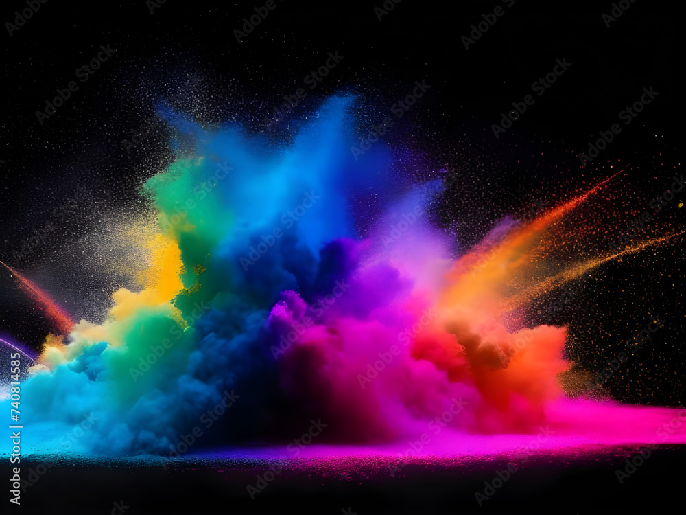 Holi paint rainbow multi colored powder explosion on black background, Abstract 3d explosion wallpaper