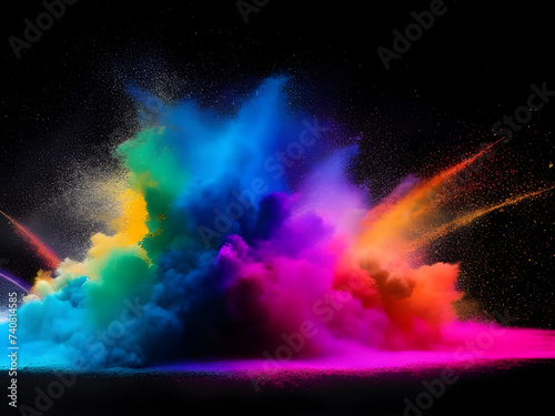 Holi paint rainbow multi colored powder explosion on black background  Abstract 3d explosion wallpaper