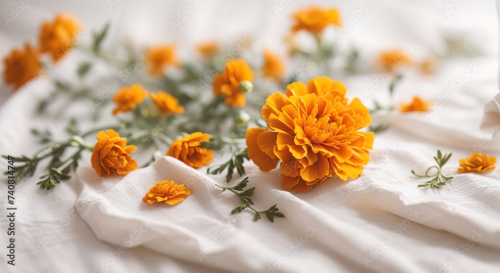 Marigold flower on white cotton fabric cloth backgrounds