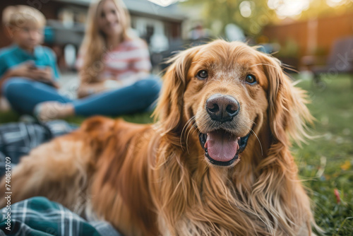 A family and a cheerful golden retriever enjoying a afternoon together in the backyard. 