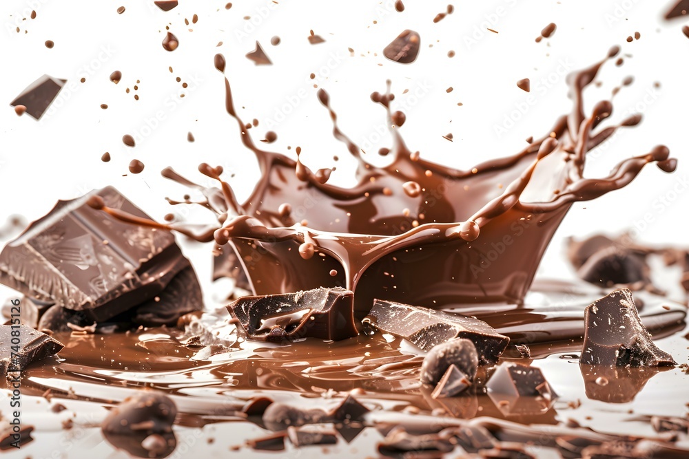 Fototapeta premium Sensational shot of milk chocolate splashing on a pristine white surface, perfect for editing. Concept Chocolate Splash, Photo Editing, Food Photography, Product Shot, Delicious Dessert
