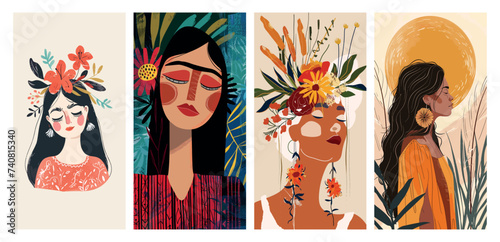 Portraits of four women with floral motifs and abstract design, poster set.