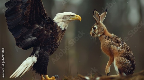 A bald eagle next to a hare. Wild bird of prey and prey. Wild animals. Close-up.