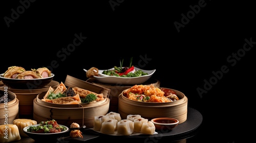 Delicious dim sum buffet with a variety of dishes including fried tofu Shrimp dumplings With fresh salads and gourmet meals. Perfect for a lively dinner party.