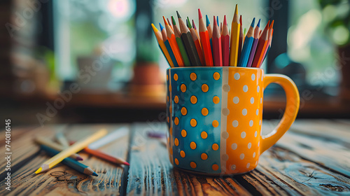 a mug full of colored pencils on a student's desk, textcopy space photo