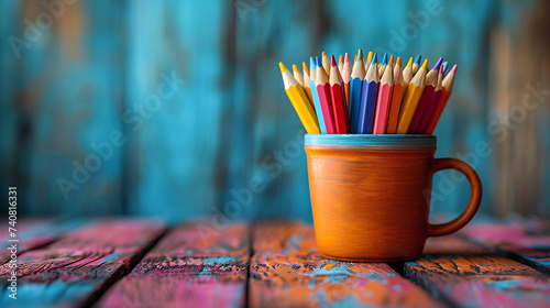 a mug full of colored pencils on a student's desk, textcopy space photo