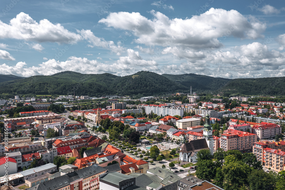 Aerial skyline cityscape of Zvolen, Slovakia on a sunny summer day