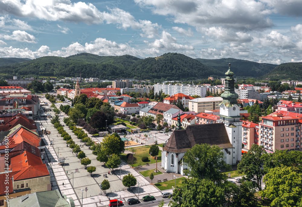 Aerial cityscape view of Zvolen, Slovakia on a sunny summer day: Námestie SNP square and Saint Elizabeth Church (Kostol sv. Alžbety)