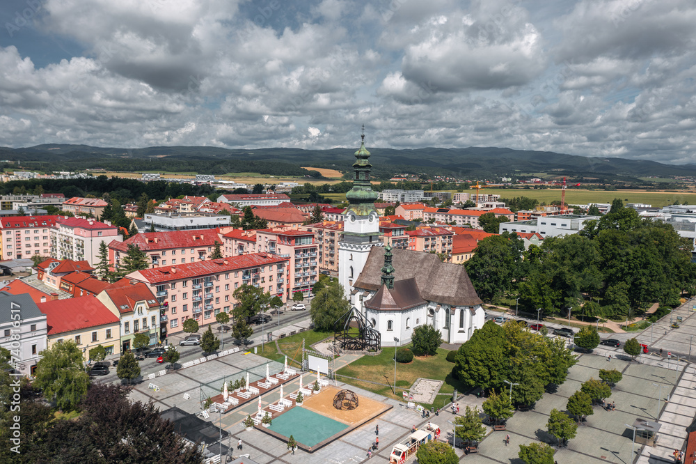 Aerial skyline cityscape of Zvolen, Slovakia on a sunny summer day
