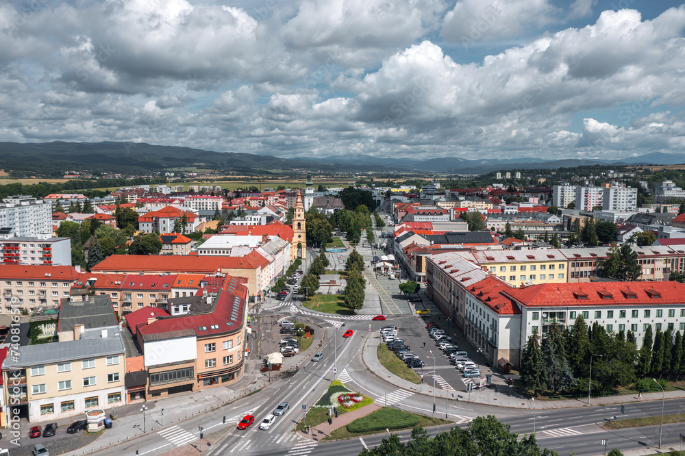 Aerial skyline view of Námestie SNP square in Zvolen, Slovakia on a sunny summer day