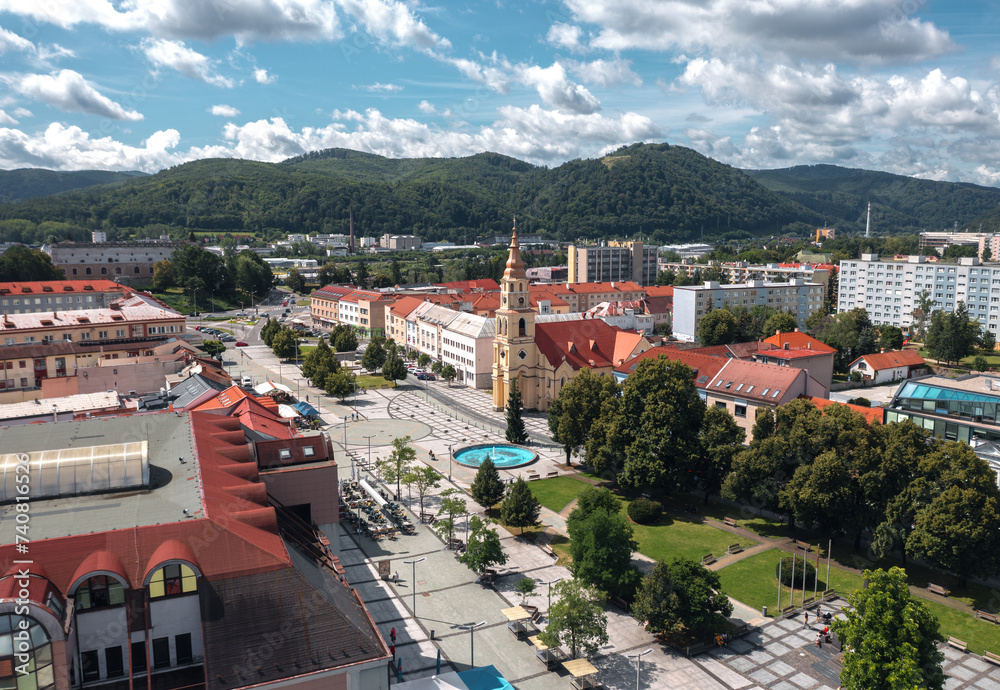 Aerial skyline cityscape of Zvolen, Slovakia on a sunny summer day