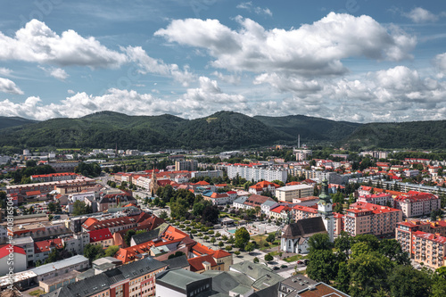 Obraz na płótnie Aerial skyline cityscape of Zvolen, Slovakia on a sunny summer day w salonie