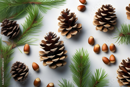Pine cones and pine nuts with a green cedar branch on a light background. Playground AI platform photo
