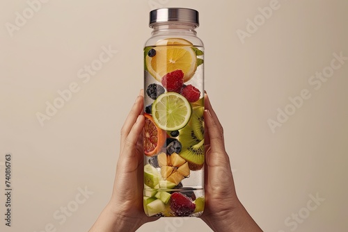 A person's hands hold a glass jar with various fruits and water. Close-up. a fruit drink.