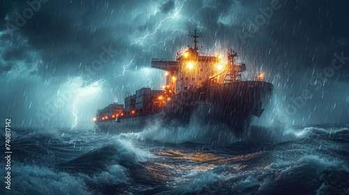 A dramatic and striking image capturing a massive cargo vessel navigating through a powerful open ocean storm with waves crashing against the ship's hull.